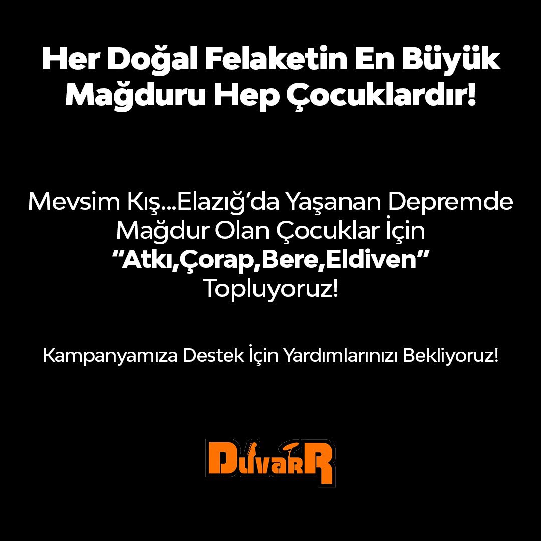DuvarBar's tweet photo. Her Doğal Felaketin En Büyük Mağduru Hep Çocuklardır!

Mevsim Kış...Elazığ’da Yaşanan Depremde Mağdur Olan Çocuklar İçin “Atkı,Çorap,Bere,Eldiven” Topluyoruz!Kampanyamıza Destek İçin Yardımlarınızı Bekliyoruz!

#Elazığ https://t.co/7PtyYViQ1Z