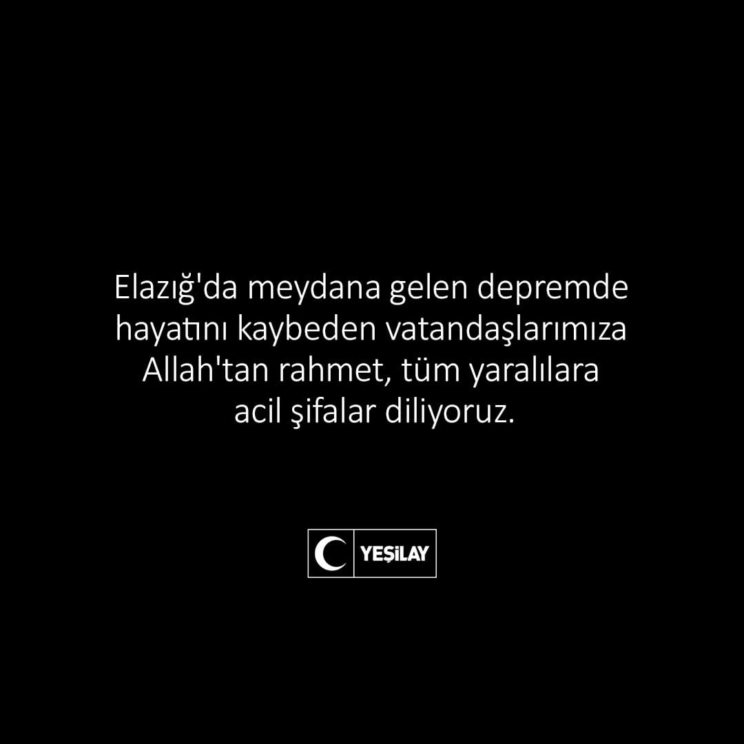 1920yesilay's tweet photo. Elazığ'da meydana gelen depremde hayatını kaybeden vatandaşlarımıza Allah’tan rahmet, tüm yaralılara acil şifalar diliyoruz. #Yeşilay https://t.co/FUzdn3jBz4