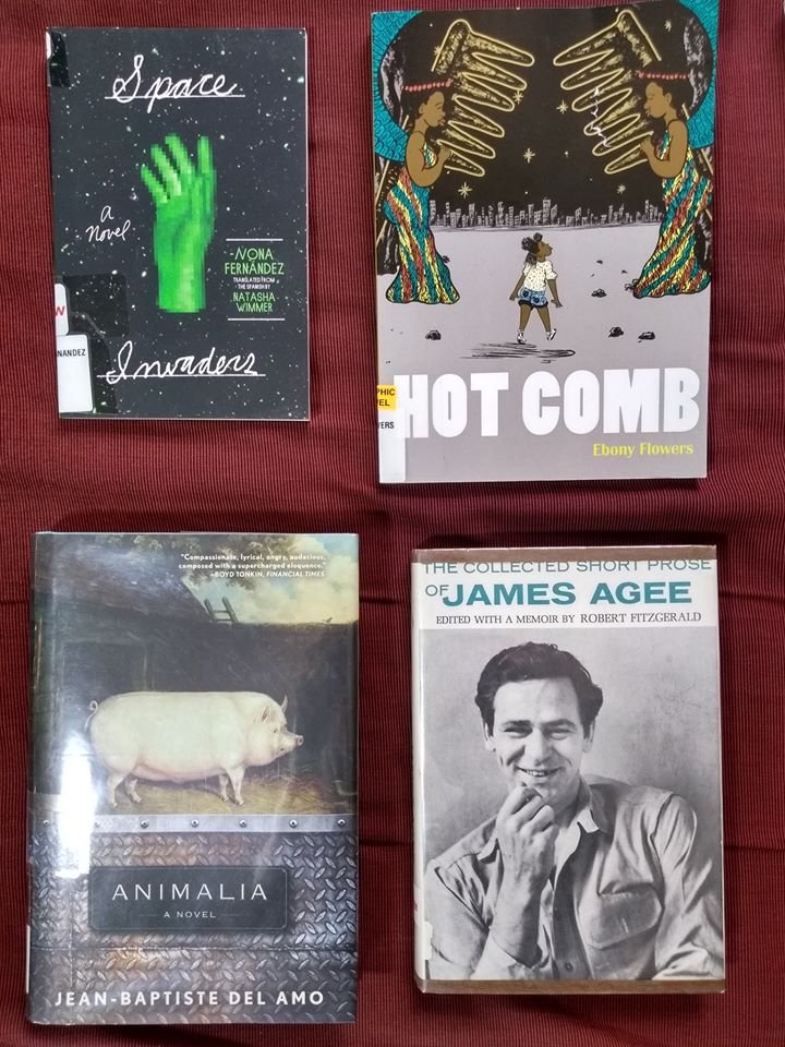 Today's library haul: @NonaFernandez's SPACE INVADERS, trans. by Natasha Wimmer; Ebony Flowers's HOT COMB; Jean-Baptiste Del Amo's ANIMALIA, trans. by Frank Wynne; and THE COLLECTED SHORT PROSE OF JAMES AGEE.

#writingcommunity @GraywolfPress @DandQ @ebonydraws @Terribleman