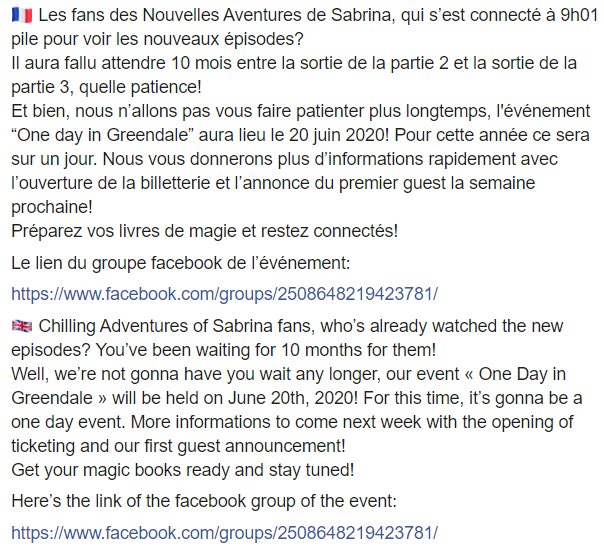 EuroConNet's tweet photo. EVENT ANNOUNCEMENT #OneDayInGreendale #ChillingAdventuresOfSabrina #Paris #France #BigBadConventions

20 June 2020. 
More info coming soon 

https://t.co/P2jbA0fwzd https://t.co/XJsrJeqW6T
