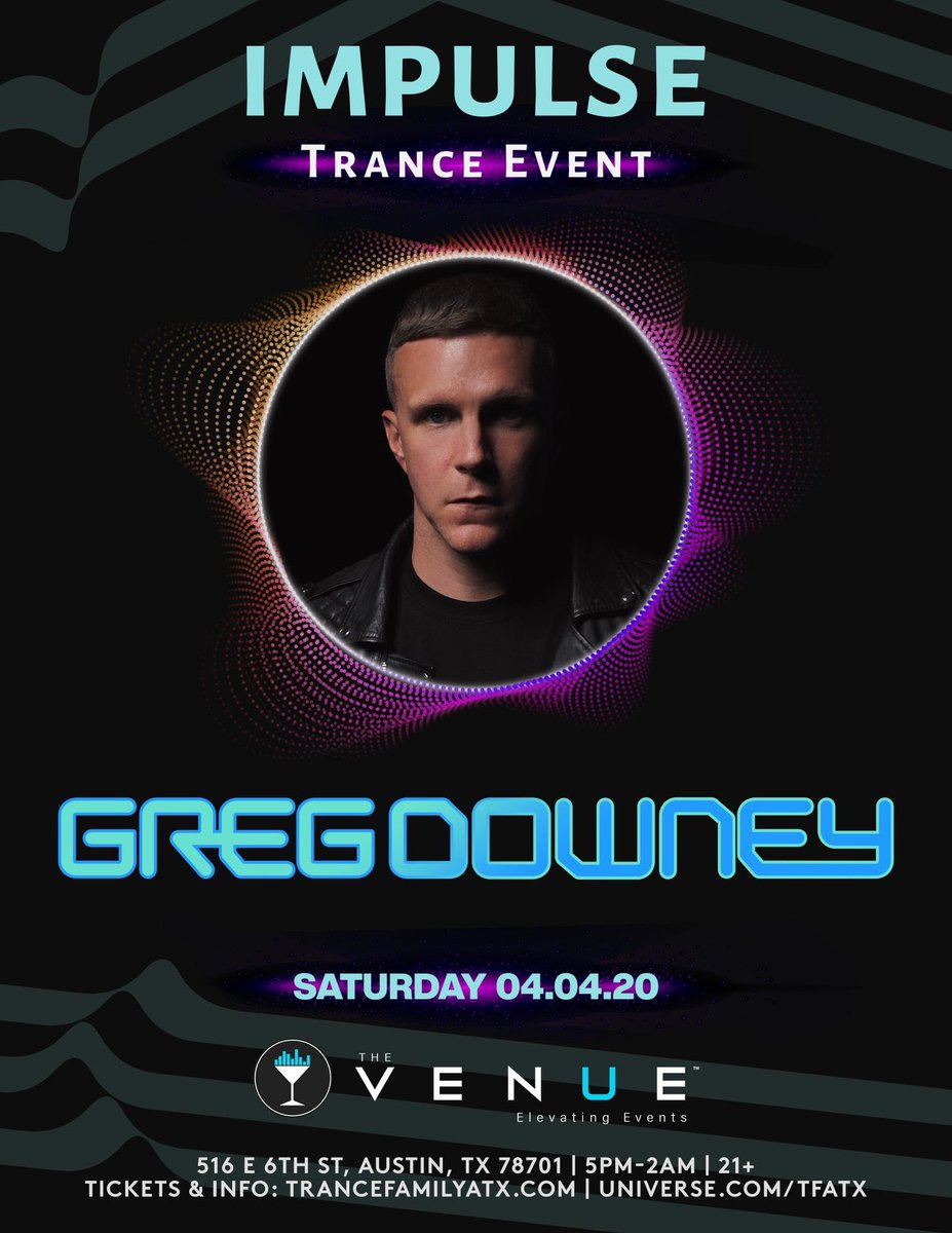 [ANNOUNCEMENT 1/6]

<a href="/GregDowney/">Greg Downey</a> makes his Austin TX debut at #ImpulseTrance on 4/4/20! Details and tickets are now live and can be found on the Facebook page!! Act quick as this will be an intimate setting with a heavily stacked line up in the heart of 6th St! Open Air setting!
