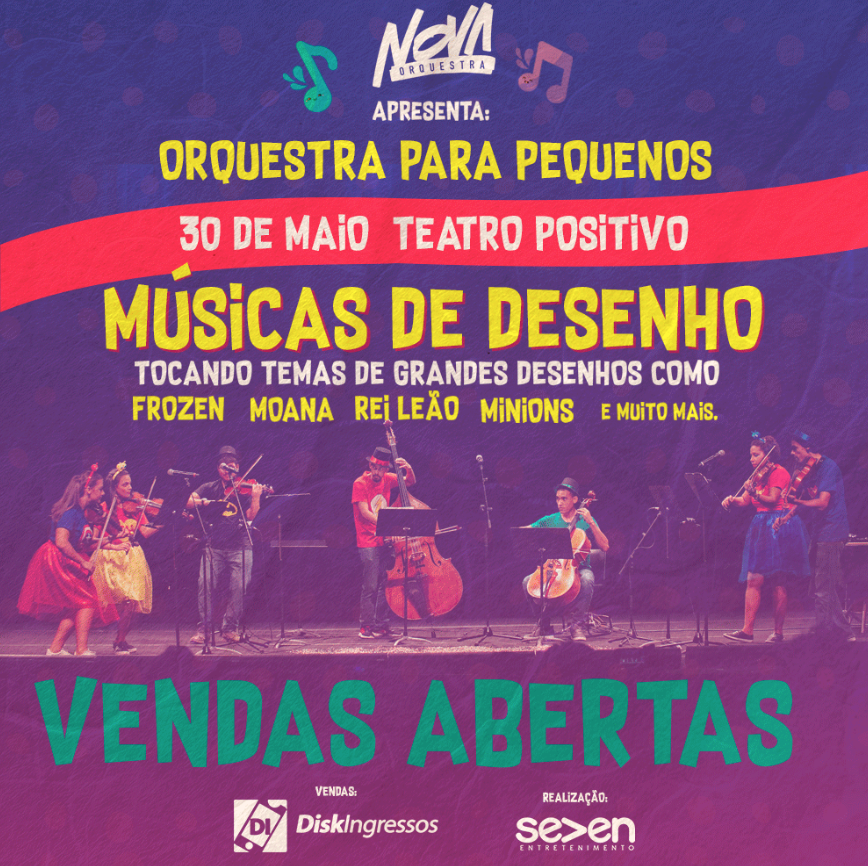 30 de maio, em Curitiba!

Temas como “Frozen”, “Moana”, “O Rei Leão” e “Shrek”, e clássicos desenhos como “A Pantera Cor-de-Rosa” e “Flintstones”, trazem ao espetáculo uma viagem ao mundo da imaginação e fantasia por meio da música clássica. 

INGRESSOS: bit.ly/OrquestraPeque…