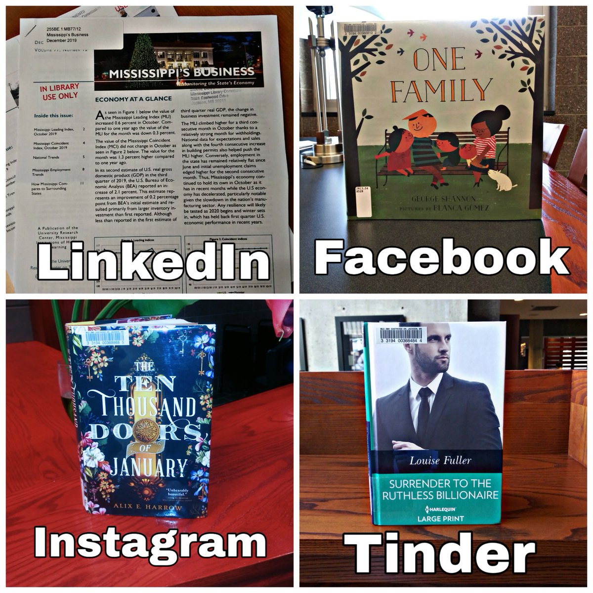 A image of four books with social media site captions. Two issues of Mississippi's Business are titled 'LinkedIn'. 'Our Family' is titled 'Facebook.' 'The Ten Thousand Doors of January' is titled 'Instagram.' 'Surrender to the Ruthless Billionaire' is titled 'Tinder.'