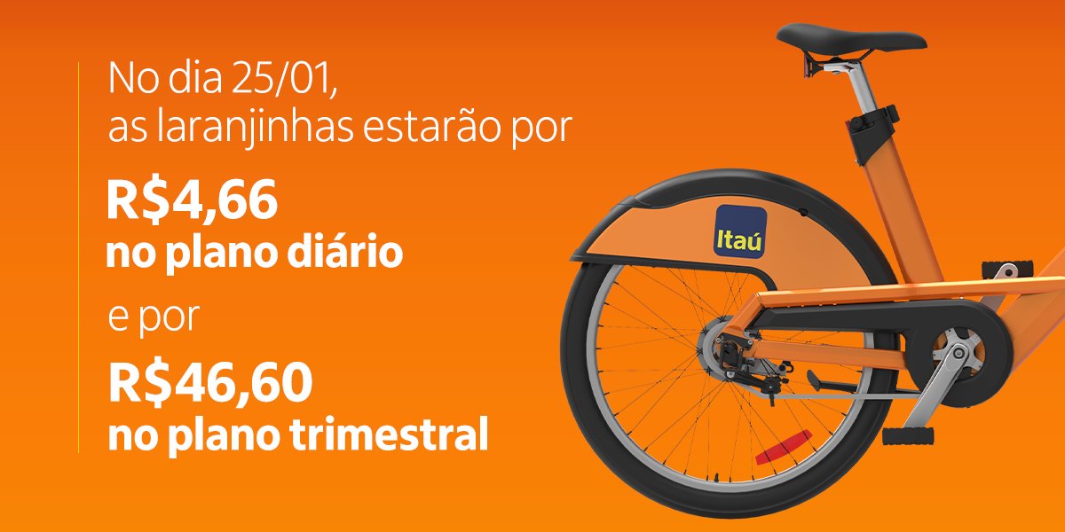 Foto de uma bike Itaú acompanhada de texto informativo, avisando que no dia 25/01 o preço do plano diário será R$4,66, e do plano trimestral será R$46,60.