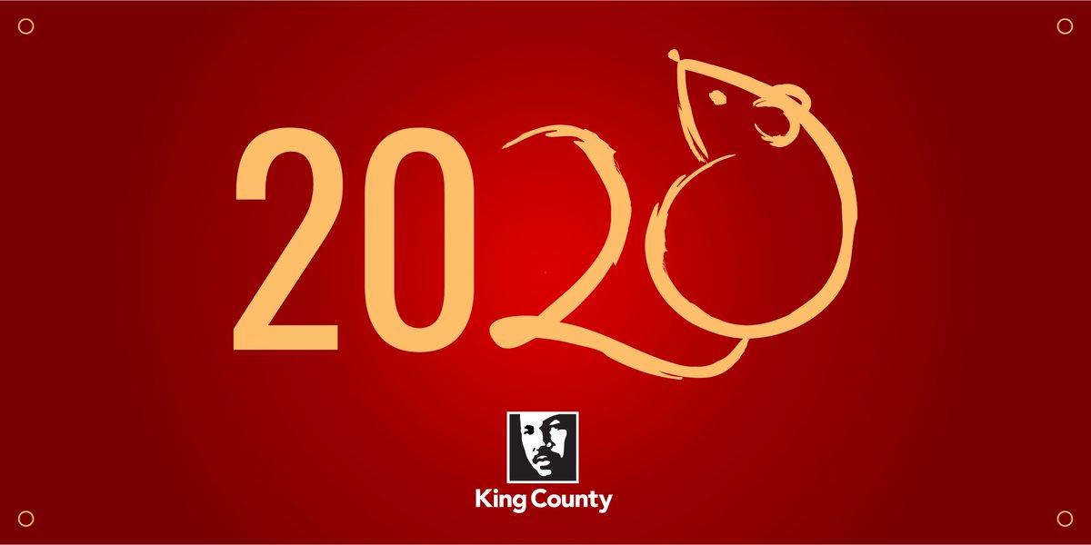 A stylized representation of the numerals 2020, with the second 20 meant to resemble a rat and its tail, against a red background with the King County logo beneath it.