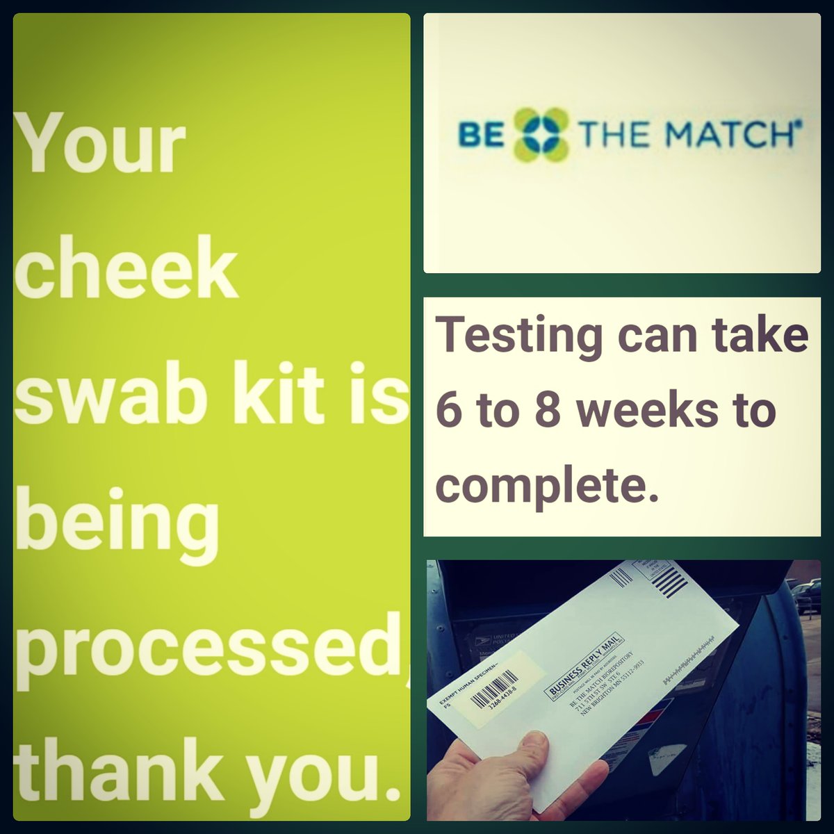Linderlocks's tweet image. Received an email today, stated that Be The Match received my swab kit and it's being processed #20gooddeeds2020 #bethematch #givingback #communitymatters