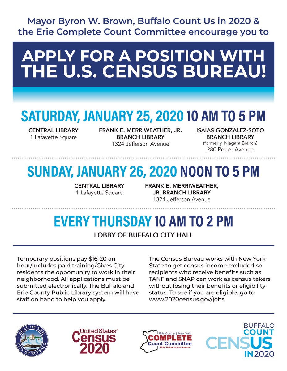 MayorByronBrown's tweet image. An inaccurate count in our community can mean less funding for needed resources &amp;amp; programs. As Chair of #Buffalo #CountUsIn2020, I urge those looking to make some extra money to apply to work for the Census Bureau. To learn more visit 2020census.gov/jobs.