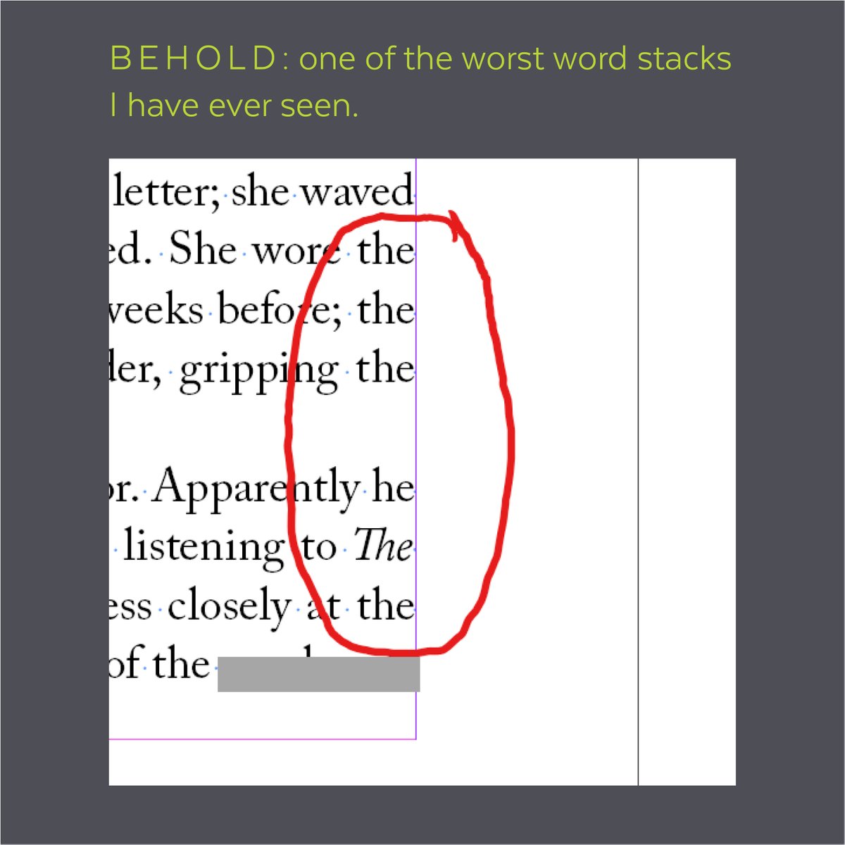 kristysylfaen's tweet photo. #Copyfitting isn't glamorous...but it's why you don't get distracted by things like this when you're reading an awesome story. #amediting #typesetting #bookdesign https://t.co/4LUwc9s2W3