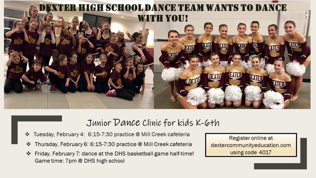 DHSdance19's tweet photo. Dancers! Please join the Dexter High School Varsity Dance team at our winter kids clinic and perform @dexterhoops half-time! Sign up through @DexterCommEd today! @DreadStrong https://t.co/78tg0bVtw9