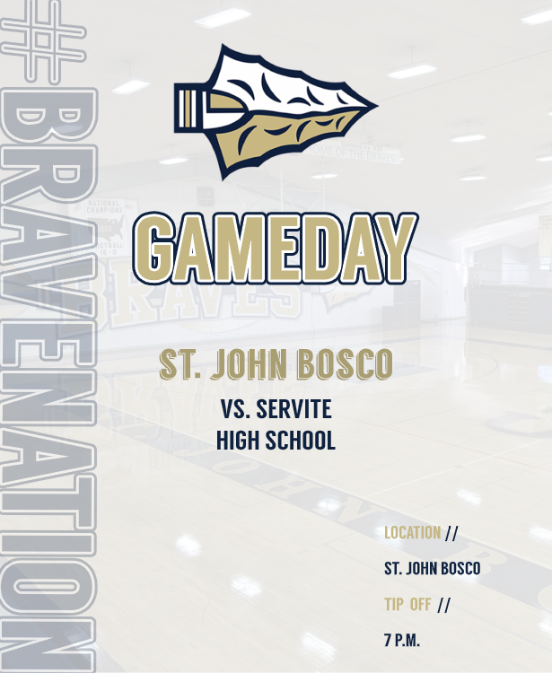 BoscoBasketball's tweet photo. #BraveNation, it's GAMEDAY!

The Braves (18-5, 4-1) begin the second half of their Trinity League schedule as they take on Servite (16-7, 2-3)! 

Come out and support your Braves as they continue to fight for another league title!

🕖: 7 p.m.
📍: St. John Bosco

#BoscoBasketball https://t.co/CoCJRKeJve