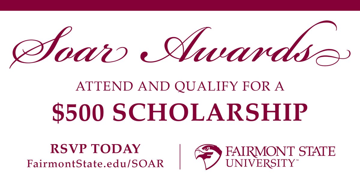 FairmontState's tweet photo. Do you know any high school seniors looking to attend Fairmont State? Tell them to get to a SOAR Award event close to them and they can receive a $500 scholarship! 

Register today at https://t.co/cZMTF742Ga!

#SoarFalcons https://t.co/CXDq7xqhHr