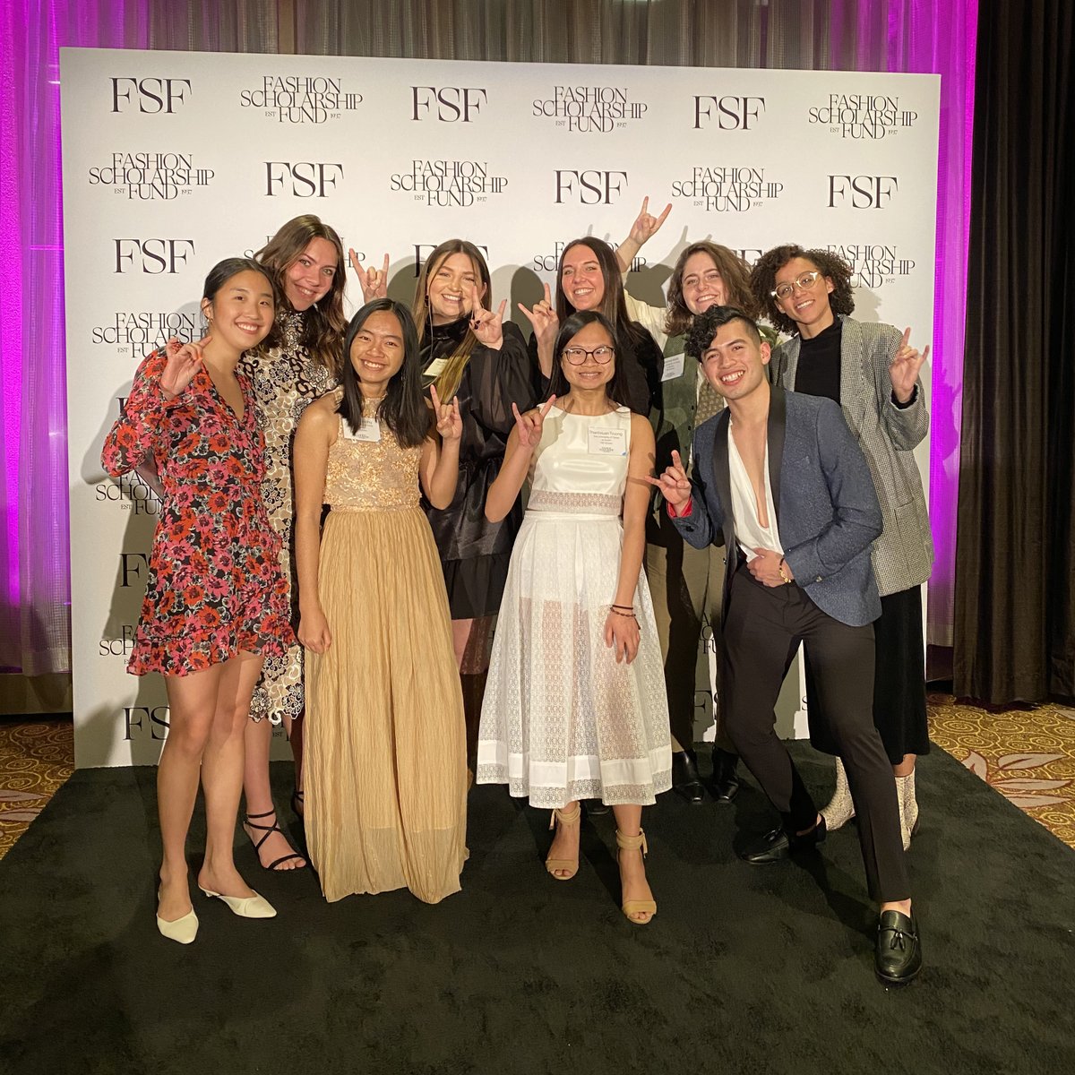 These nine Textiles and Apparel students from The University of Texas at Austin are shown at the FSF Awards Gala in New York City, where they won Fashion Scholarship Fund Awards. Pictured are (in alphabetical order) Sarah An, Emily Deen, Macy Harrison, Andrea Kent, Rachel Rogers, Emily Silver, Huong Truong, Xuan Truong, and Javier Uriegas.