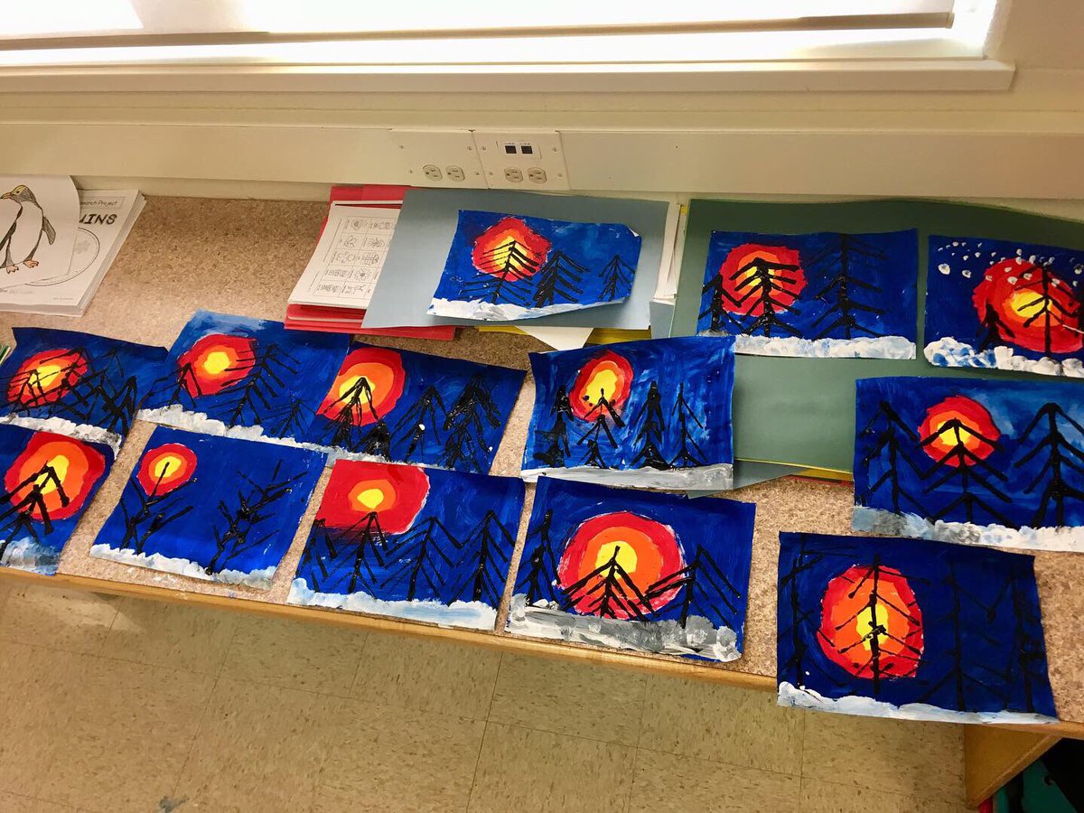 MlleSheppard's tweet photo. 🍎 Happy International Day of Education! 🍎 Pretty sure my kiddos outdid my art skills again as per usual. 🙈 #artfridays #bulletinboardupdate #winterlandscape #paint #paintmess #blessthismess #education #educatorsrock #iteachgrade2 https://t.co/s8a3wTYQZv