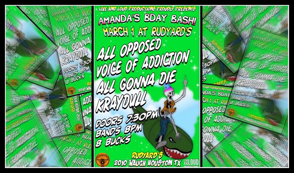 VOArockers's tweet photo. SUNDAY MARCH 1 #Houston TX #AllOpposed @VoArockers (chicago punk est 2004) #AllGonnaDie #Kraydull https://t.co/YlfM5s1VVq at @rudyards #SOUTH #SOUTHEAST #VOA #west #punk #punkrock #punktours #livemusic #punkband #DIY #chicago #WBPpunkshows https://t.co/QHPliW33D2