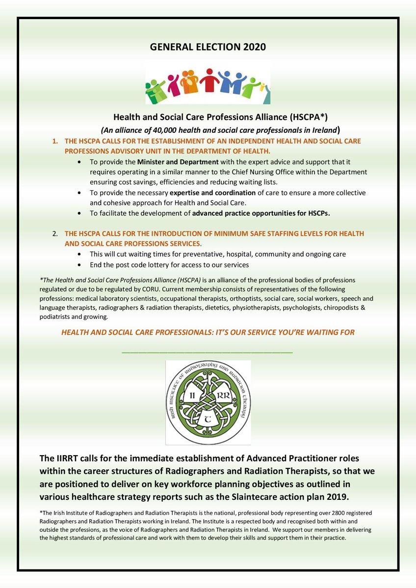 iirrt's tweet photo. ATTENTION Radiographers and Radiation Therapists. Join our #GE2020 Call To Action! #HSCPA #IIRRT #Ask4MoreHSCPs #OurProfessionsVoice #HSCPsMatter @TCDRadTher @MaterRadiology @Radiography_UHL @catmck12 @SimonHarrisTD @paulreiddublin @roinnslainte @ https://t.co/FB9LnAJ5zV