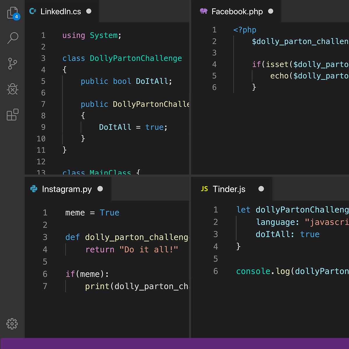 Aparece una pantalla de Visual Studio y 4 lenguajes de programación y en el código aparece las dolly parton