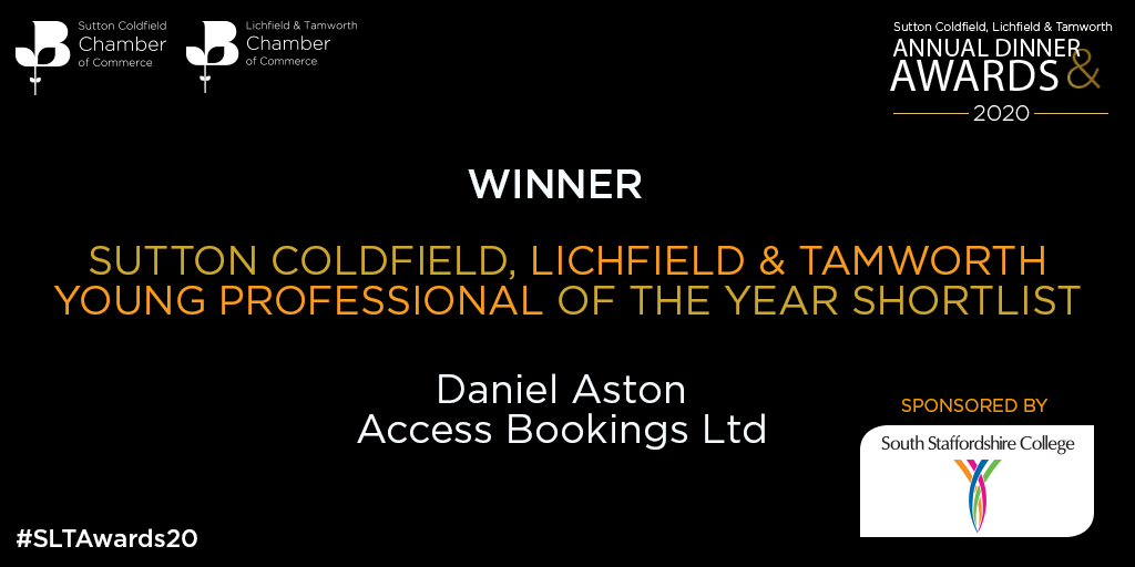 GrBhamChambers's tweet photo. Congratulations to the Young Professional of the year Daniel Aston from @AccessBookings! 

Daniel impressed the judges with his tenacity, determination and significant achievement since joining the business as a young graduate.

#SLTAwards20 https://t.co/7p2JGtY9JK