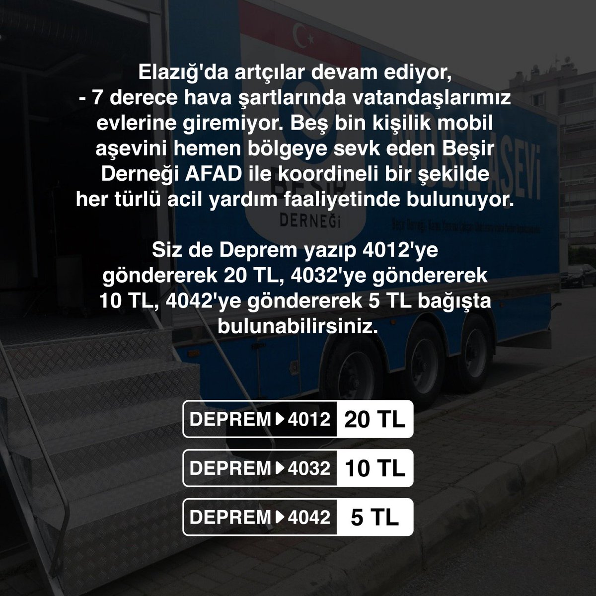 Elazığ'da artçılar devam ediyor, - 7 derece hava şartlarında vatandaşlarımız evlerine giremiyor. Beşir Derneği AFAD ile koordineli bir şekilde her türlü acil yardım faaliyetine devam ediyor.