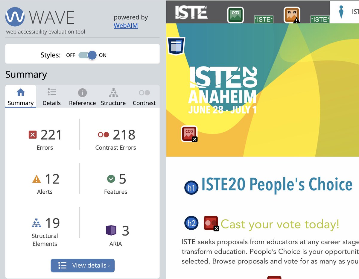 ISTE People's choice page showing 221 errors and 218 contrast errors and 12 alerts.