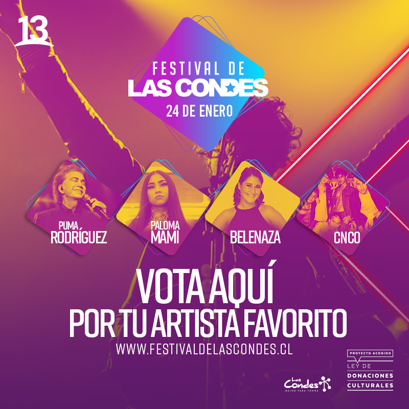 canal13's tweet photo. ¡No dejes de votar por tu artista favorito! ✨ #FestivalDeLasCondes ¡Vota aquí!👉 https://t.co/LQfmPaENmD https://t.co/Z7ZqrXRH5l