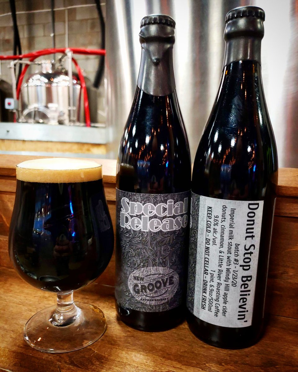 newgroovebrew's tweet photo. Breakfast in a bottle. Pre-sale bottles of Donut Stop Believin' pastry stout are still available through @craftcellr. Featuring whole cider donuts, coffee, and Cinnamon. Taproom release tomorrow at noon. #pastrystout https://t.co/g6wofboT03