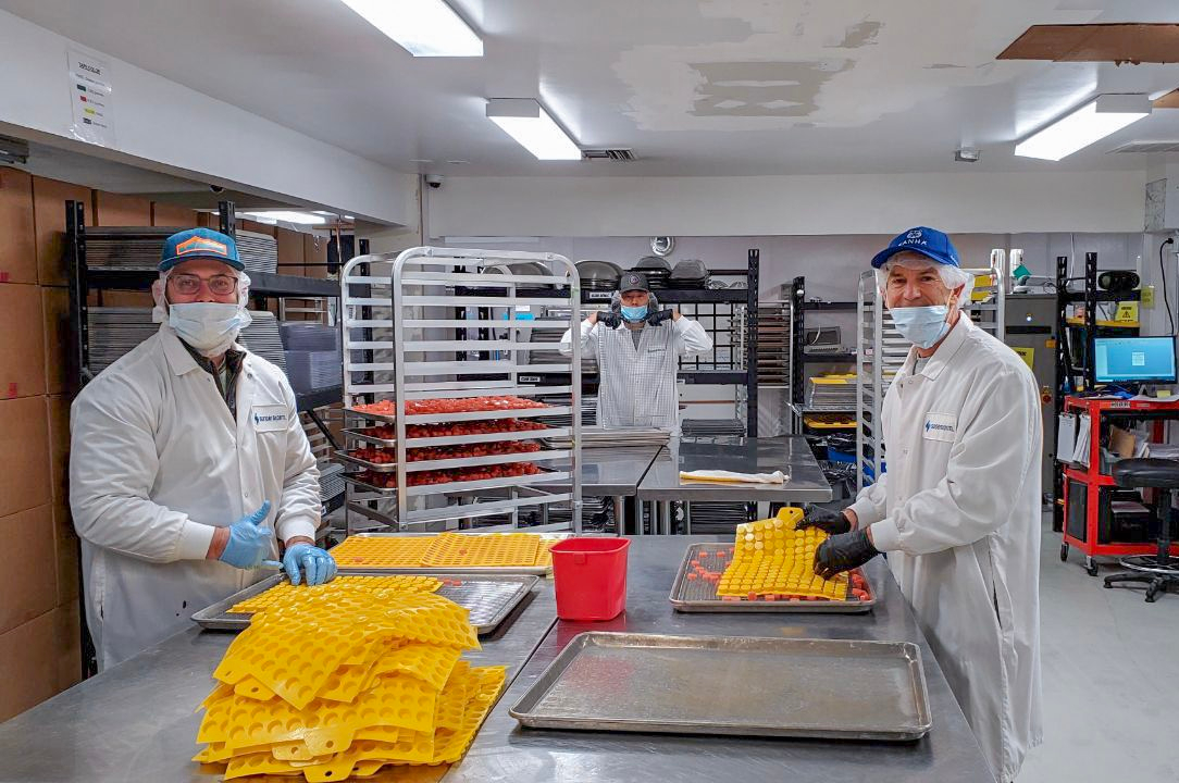Our passion for our craft stays unmatched 🔥🙌! These days, it's all hands on deck in the production room. 📸 featuring our CEO, CCO, and VP of Ops. #cannabis #edibles