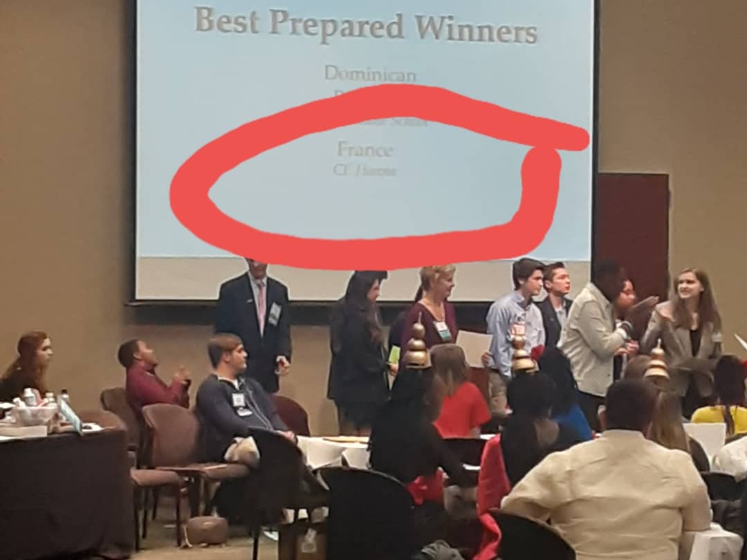 Stephhendrix46's tweet photo. All that practice with #qualityquestioning and #studentquestioning paid off. France won Best prepared Delegation ! https://t.co/ZUbMjRSb2W