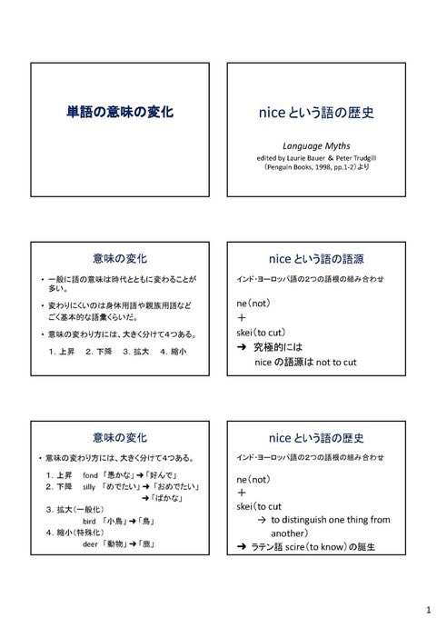 Early Bird V Twitter Changes Of Meaning Can Be Of A Number Of Different Types Some Words Such As Nice Have Changed Gradually の一節があり 授業に先立ち出題された箇所の手前を 上掲書 Pp 1 2 で遡りまとめた資料を用いミニ講義を行った スライドを
