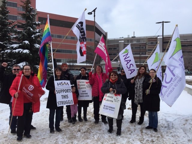 HSAAlberta's tweet photo. #HSAA member @vonnerful attended the @UnitedNurses rally at the U of A Hospital.  January 24, 2020 https://t.co/Io81bORObO