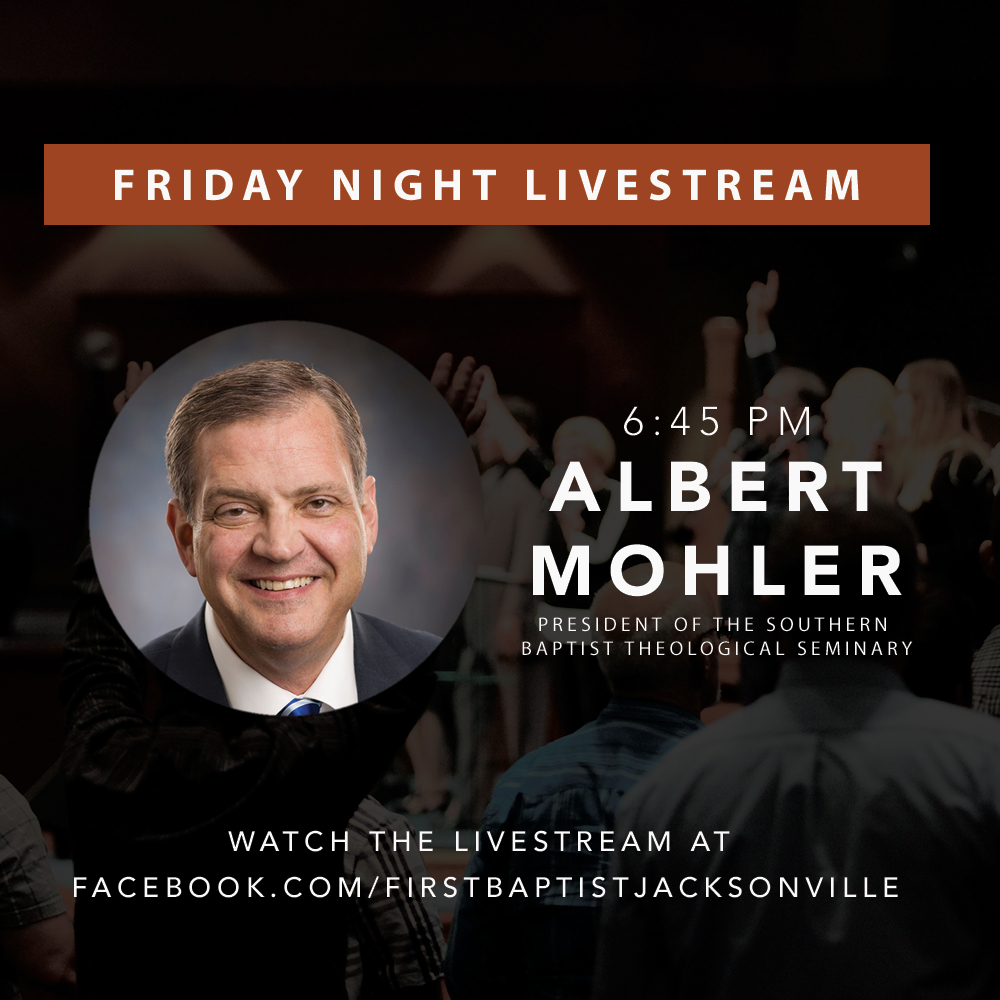We can't wait to hear from <a href="/albertmohler/">Albert Mohler</a> tonight at <a href="/FBCJaxPC/">Pastors' Conference</a>! Can't join us in person? Tune into the livestream at Facebook.com/firstbaptistja….