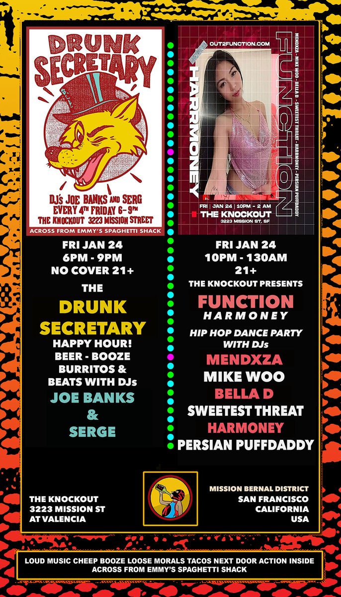 knockoutsf's tweet photo. Tonight at @knockoutsf : The Drunk Secretary Happy Hour w DJs Joe Banks & Serge 6pm Free 21+ >>> Function Hip Hop Dance Party w DJs Mendxza, Mike Woo, Bella D, Sweetest Threat & Harmoney 10pm 21+ #freestuff #happyhour #hiphop #danceparty #dothebay #knockoutsf https://t.co/Io5pK4Vggf