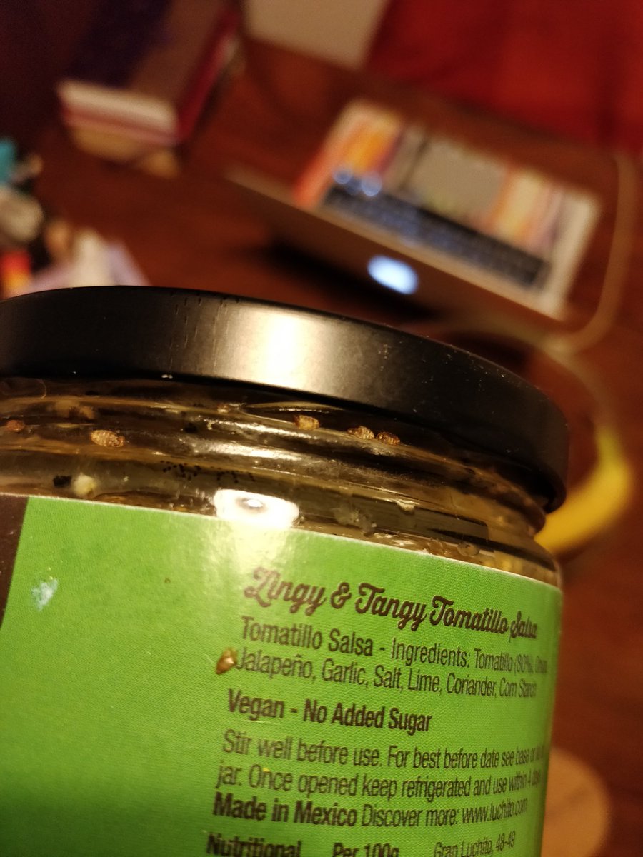 SaffiB's tweet photo. @Luchito_mexico and @Tesco I bought a jar of Tomatillo Salsa this week only to find dead weevils under the lid rim. Could not budge the lid to even try weevil sauce. Amends would be well received. #luchitomexico #tesco #weevil https://t.co/Z4aFgqezz2