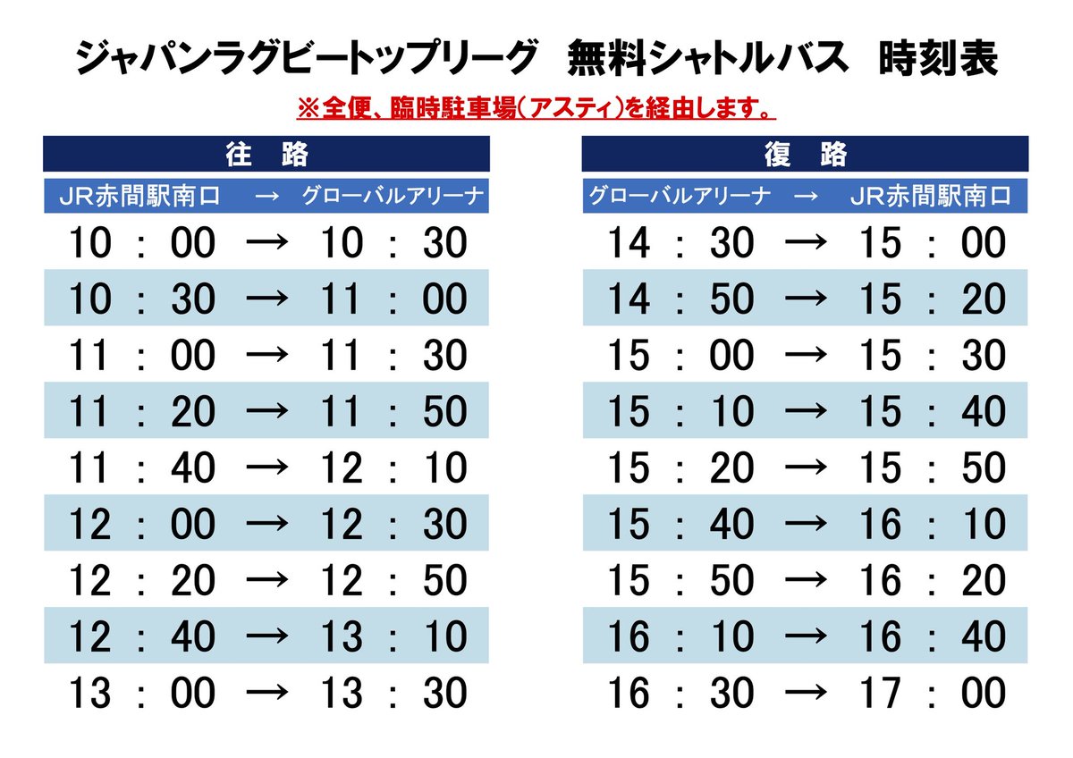 rugby_kyushu's tweet photo. 【ジャパンラグビー トップリーグ 2020】
📣Round3 1/25(土)
13:00  #宗像サニックスブルース v #ドコモレッドハリケーンズ
🏟グローバルアリーナ
JR赤間駅↔️GA🏟とのシャトル🚌をご利用下さい!
 #JRTL2020 #topleague #BLUvRED #グランドで会いましょう https://t.co/2iHGZlk0P7