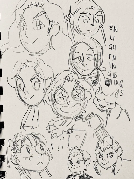 Sketchbook practice of selected #FE3H #blackeagles from memory (is the hairless cat in the corner hubert maybe. maybe it is easier to draw a cat.) 