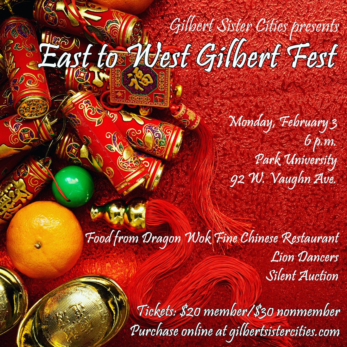 Gilbert Sister Cities (@gilbertsiscity) on Twitter photo Chinese New Year is tomorrow, but we're celebrating on Monday, Feb. 3; join us for great food from <a href="/DragonWok/">Dragon Wok</a> , lion dancers and a variety of items from local businesses! Help send Gilbert youth to China and Northern Ireland. #ChineseNewYear #youthambassadors #gilbertaz Chinese New Year is tomorrow, but we're celebrating on Monday, Feb. 3; join us for great food from <a href="/DragonWok/">Dragon Wok</a> , lion dancers and a variety of items from local businesses! Help send Gilbert youth to China and Northern Ireland. #ChineseNewYear #youthambassadors #gilbertaz