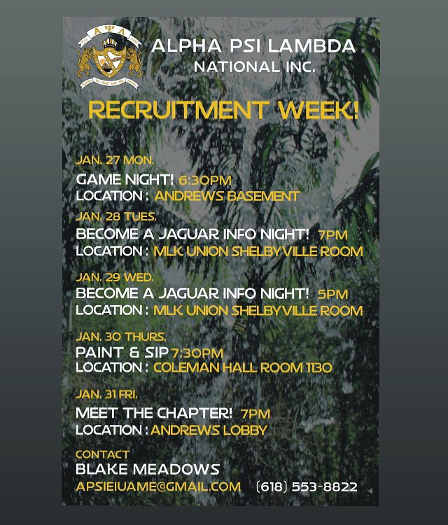 Hey Panthers! We will be having recruitment week starting Monday and this is your chance to meet some of the noble brothas &amp; sistas! fun events &amp; info nights! Be part of a great familia! STAY GOLDEN! 🤩💛🤩 #eiu #GOGREEK #APSI #ALPHAPSILAMBDA