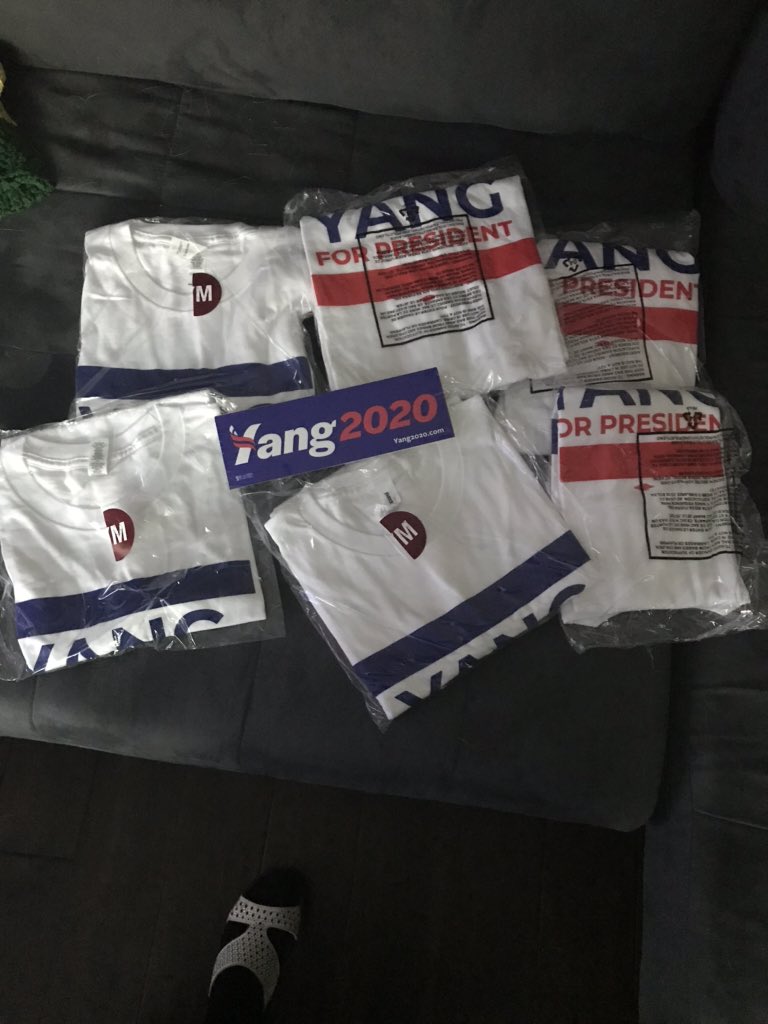 jenutterback's tweet image. Welcome to the #YangGang! And just in time to show of our new #yangmerch that just arrived!! 💙💙. This is happening .@AndrewYang will shock the world. #HumanityFirst #YangSurge