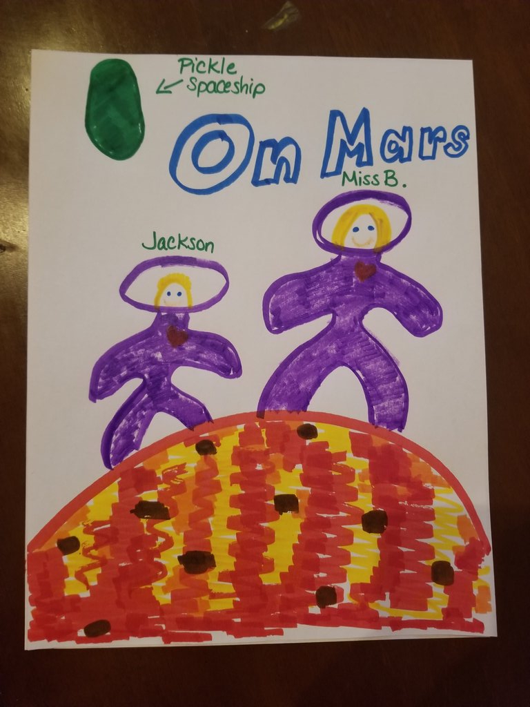 Saw my homebound student tonight. He seemed kinda sad:(. I tried hard to cheer him up...ever resorted to drawing a picture....nothin! Wouldn't you laugh at this picture?? 
We finished the project on Mars today.