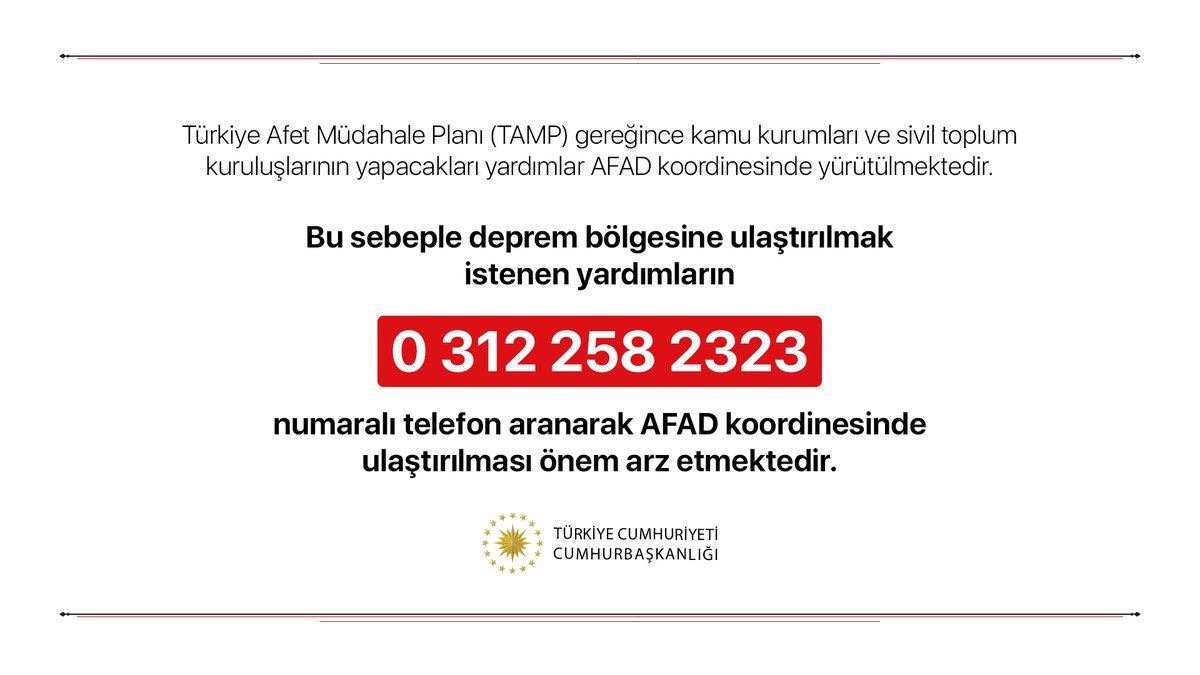 Deprem bölgesine ulaştırılmak istenen yardımların 0 312 258 2323 numaralı telefon aranarak AFAD koordinesinde ulaştırılması önem arz etmektedir. #Elazığ