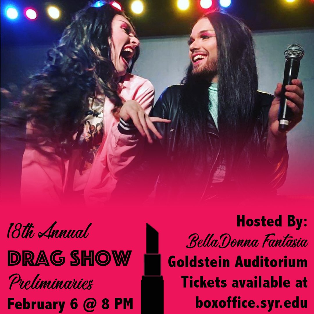 PrideUnionSU's tweet photo. 🚨 IT’S FINALLY HAPPENING! 🚨 We are stoked to announce the 18th Annual Drag Show Preliminaries are February 6th, 2020 at 8 PM in Goldstein Auditorium! 🤩 SU and ESF’s fiercest drag artists will battle it out for a spot in the finale. ✨ TIX ON SALE NOW! 🥳 (🎟: Link in Bio!) https://t.co/D6Ra02B079