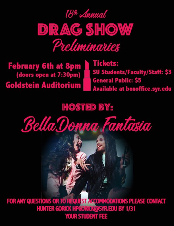 PrideUnionSU's tweet photo. 🚨 IT’S FINALLY HAPPENING! 🚨 We are stoked to announce the 18th Annual Drag Show Preliminaries are February 6th, 2020 at 8 PM in Goldstein Auditorium! 🤩 SU and ESF’s fiercest drag artists will battle it out for a spot in the finale. ✨ TIX ON SALE NOW! 🥳 (🎟: Link in Bio!) https://t.co/D6Ra02B079