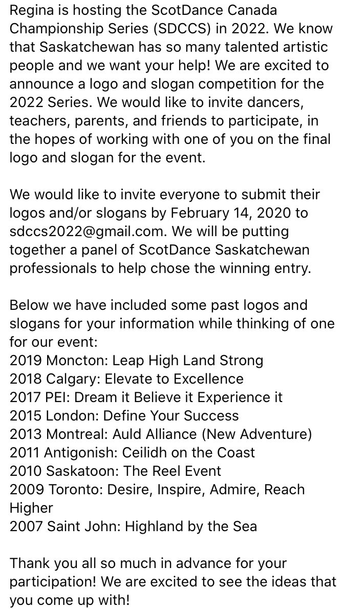 highlanddancerz's tweet photo. #SDCCS2022 News!

A competition is being held to find a slogan and logo for the Canadians when Regina hosts the event in 2022. Check out the screenshot below for more details. https://t.co/c3l30pzeBh