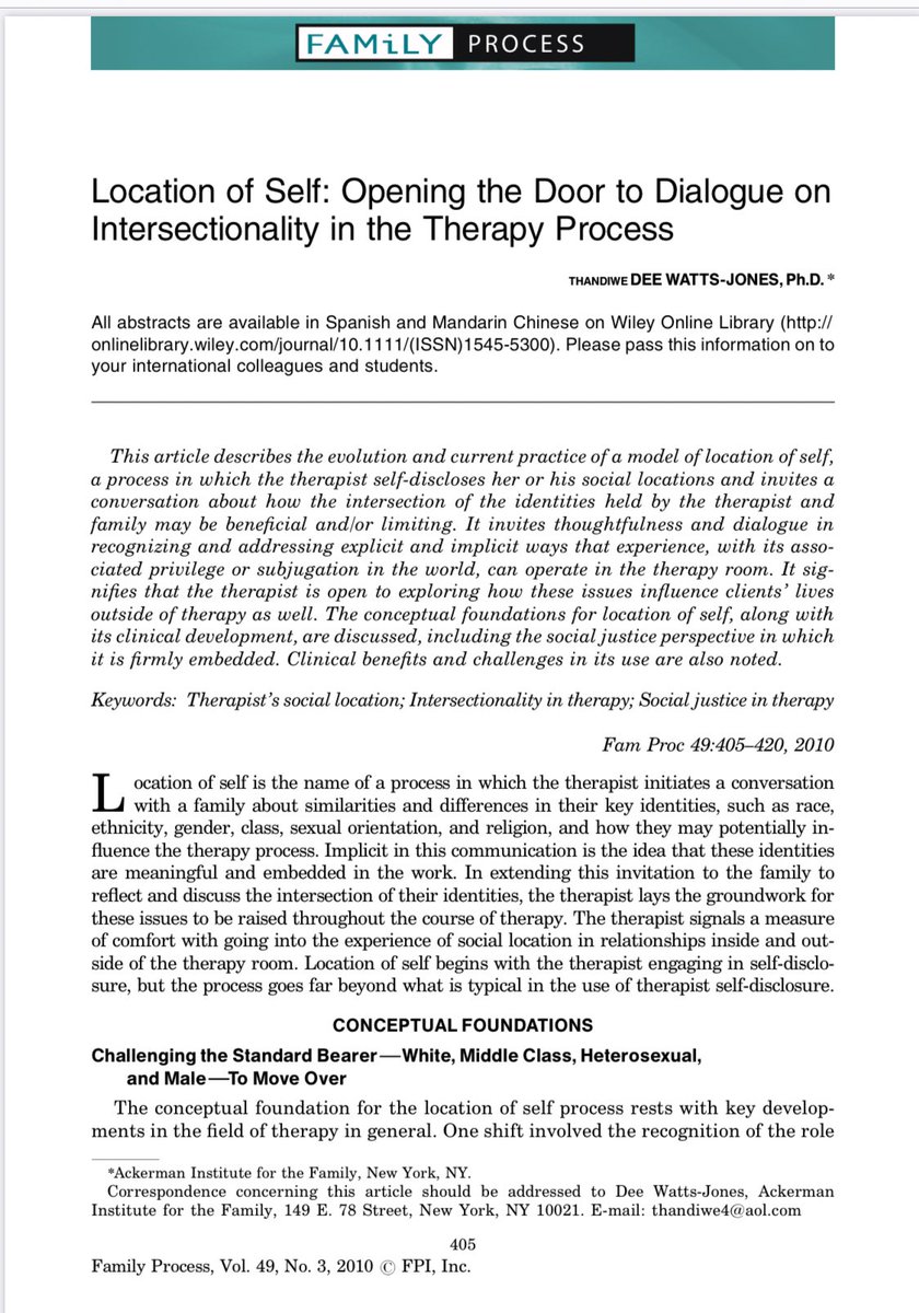 Also highly recommend:Watts-Jones, T.D. (2010). Location of self: Opening the door to dialogue on intersectionality in the therapy process. Family Process, 49(3), 405-420.  https://doi.org/10.1111/j.1545-  5300.2010.01330.x. https://pdfs.semanticscholar.org/a952/db3457d2947d03c034bc3c730c3eaddb66a6.pdf
