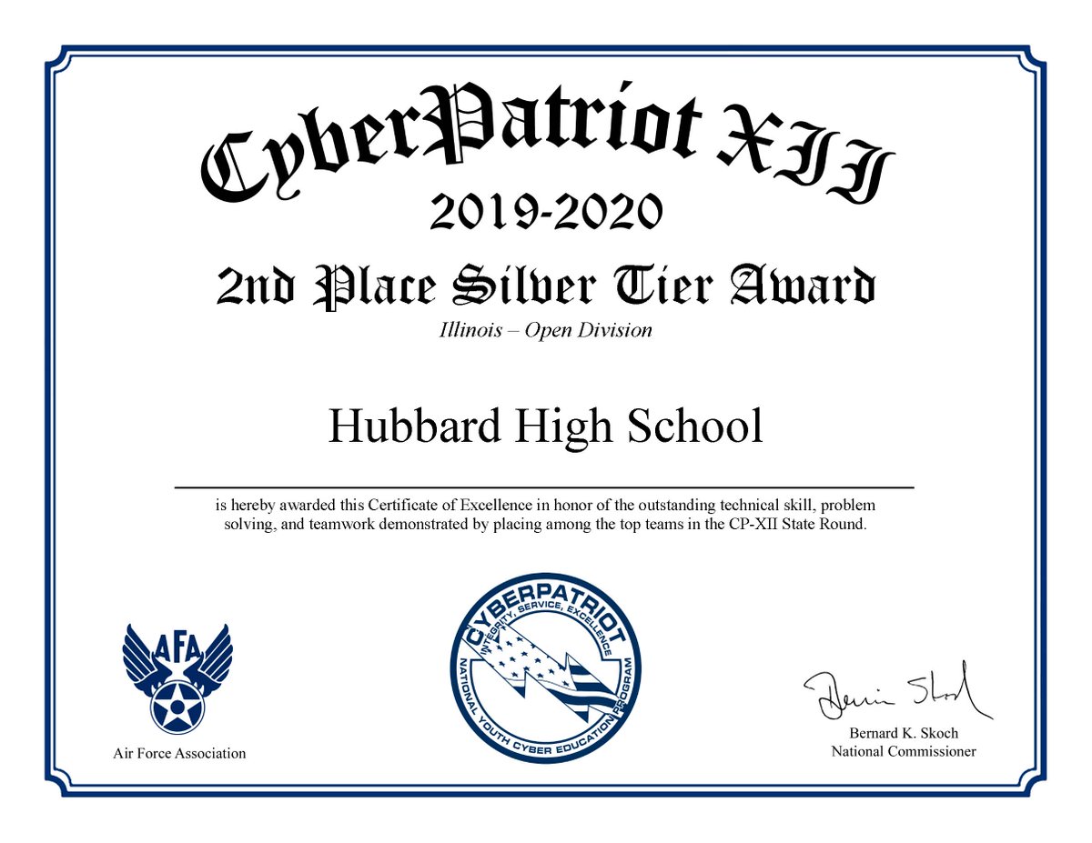 HHSGreyhounds's tweet photo. Congratulations to the Hubbard SWIT Club for placing 2nd place in the AFA CyberPatriot State competition. Today, both teams moved on the National Semi-Finals and successfully completed the most rigorous round yet! Go Greyhounds! @PrincipalAltam1 @CPSNetwork16 @ChiPubSchools https://t.co/S9d7UlGh1N