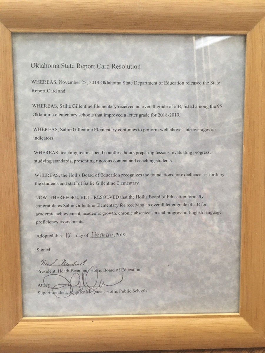 AlphaPlusEdu's tweet photo. What a wonderful day for Hollis Elementary Principal, Amy Estes, and staff. The Hollis school board was so proud of the schools achievement in going up a letter grade on the report card, they awarded them a proclamation! Well done Hollis! #APlusSchool #WayToAnA https://t.co/XEkvfWDGSI
