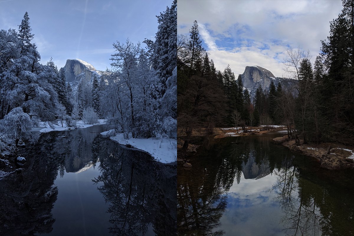 Two identical shots of Half Dome over the Merced River. On the left the scene is covered in snow. On the right, most of the snow has melted.