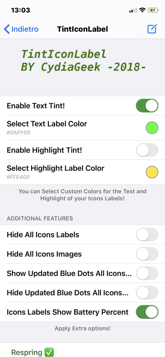 CydiaGeek's tweet photo. !ALERT!π¨
Iβve just submitted #TintIconLabel New V. to #Cydia!
Enjoy π€π½
Version 1.0.4
- Already working on iOS 13 too.
- Added the option to Make the Icons Labels Showing the Battery Percentage (Featured #BatteryIconLabel Available on My Repo).
- Code Changes/Improvements. https://t.co/qpI5ZnvWYc