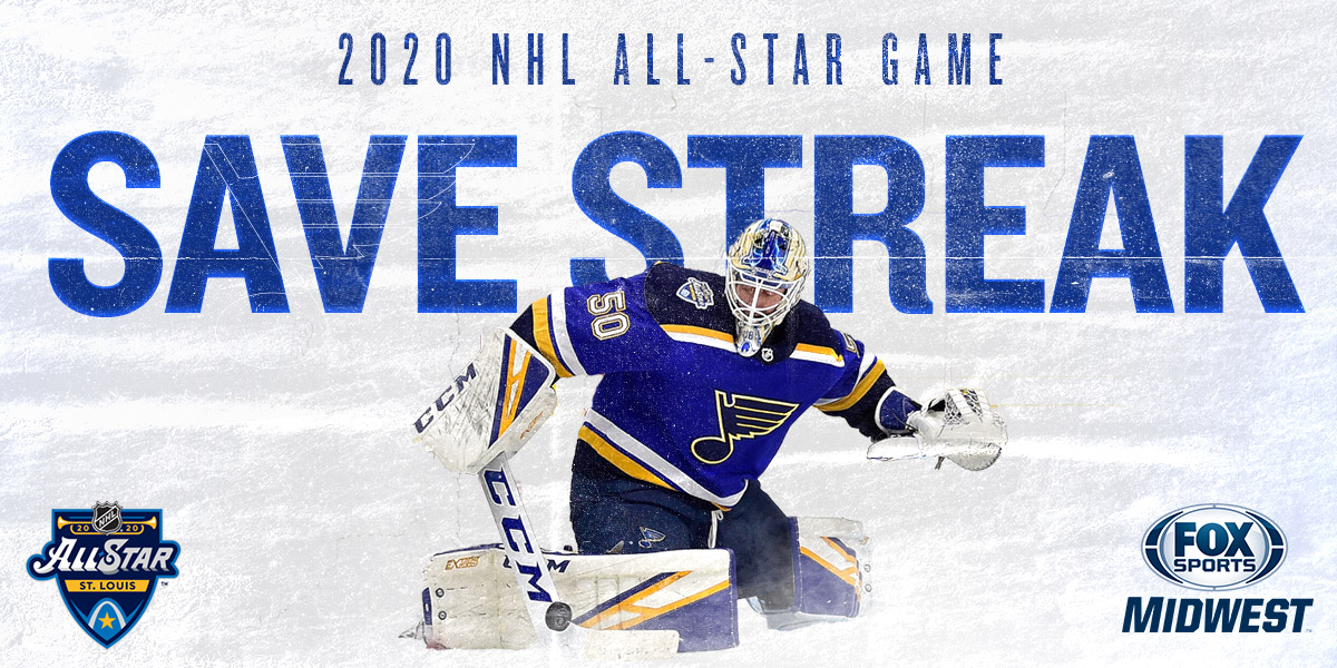 FanDuelSN_MW's tweet photo. TEN. STRAIGHT. SAVES. Jordan Binnington has won the #NHLAllstar Save Streak challenge! #stlblues https://t.co/QXbfk4lDpc