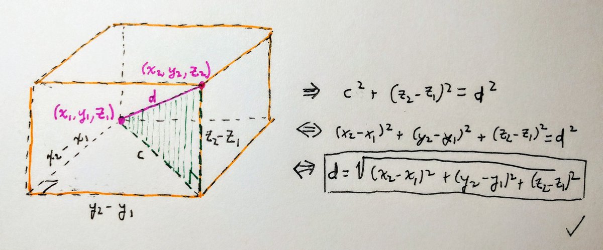 Tutoring notes 
Derivation of 3D distance formula

A box is shown, with coordinates given for opposite corners, connected by a diagonal of length d, which is the hypotenuse of a right triangle whose legs are a diagonal of the base and a vertical box edge.

The diagonal of the base is the hypotenuse of another right triangle (its legs are base edges).

Two applications of the Pythagorean theorem finish the derivation.