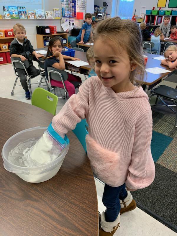 CarmelElem's tweet photo. Carmel Kindergarteners investigated how animals in the Tundra stay warm this week. The Tundra is one of 5 biomes they are learning about this nine weeks. How long could you keep your hand in icy water? #coltsinaction #wearecarmel #kindergarten https://t.co/LXKiTu9myW